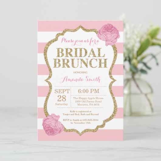 Rosa und Gold Glitzer Bridal Brunch Einladung (Stehend Vorderseite)