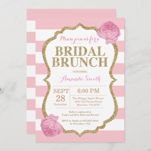 Rosa und Gold Glitzer Bridal Brunch Einladung (Vorne/Hinten)