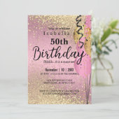 Rosa und Gold Glitzer Geburtstagsfeier Einladung (Stehend Vorderseite)