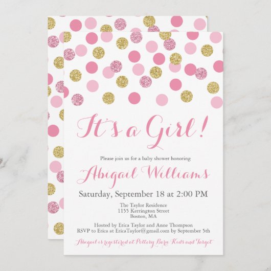 Rosa und Gold Glitzer Kinderdusche Einladungen (Vorne/Hinten)