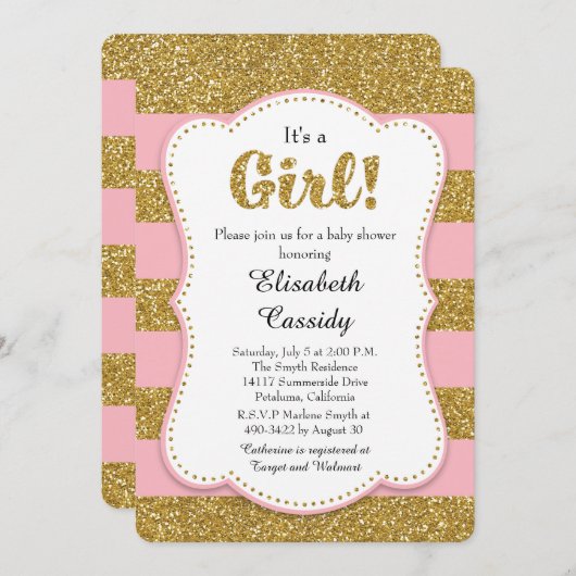 Rosa und Gold Glitzer Kindermädchendusche Einladun Einladung (Vorne/Hinten)