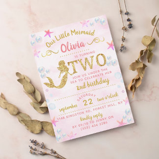 Rosa und Gold Glitzer Mermaid 2. Geburtstag Einladung