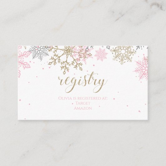 Rosa und Gold Glitzer Snowflake Baby Registry Begleitkarte (Vorderseite)