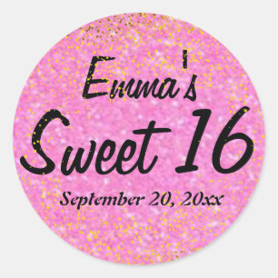 Rosa und Gold Glitzer Sweet 16 Personalisiert Runder Aufkleber