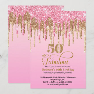 Rosa und Gold Glitzer Tropfen 50. Geburtstag Einladung