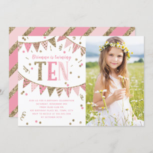 Rosa und Gold Glitzer Zehnte Geburtstagsparty Foto Einladung
