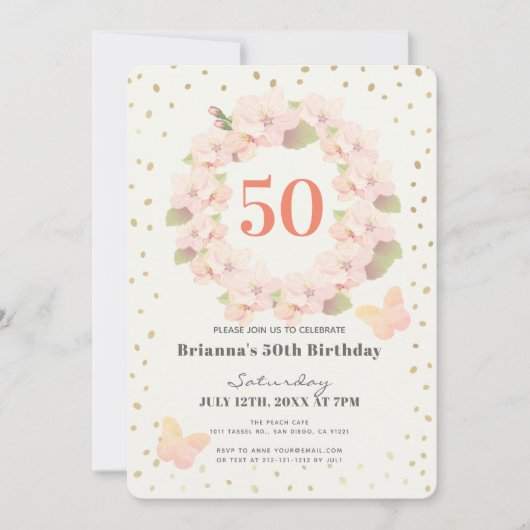 Rosa und Gold Kirschblossom Bläserwachsener Geburt Einladung (Vorderseite)