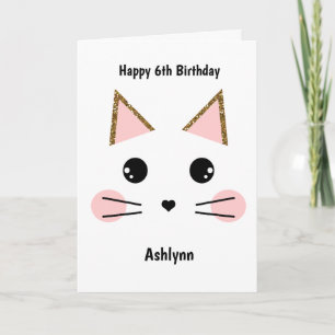 Rosa und Gold Kitty Katze 6. Geburtstag Karte