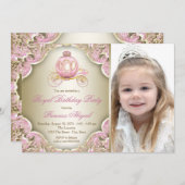 Rosa und Gold Königliche Prinzessin Foto Geburtsta Einladung (Vorne/Hinten)