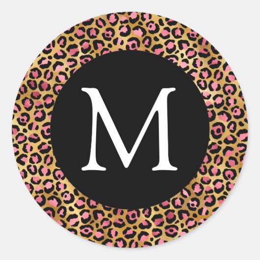 Rosa und Gold Leopard Print Monogram Runder Aufkleber (Vorderseite)