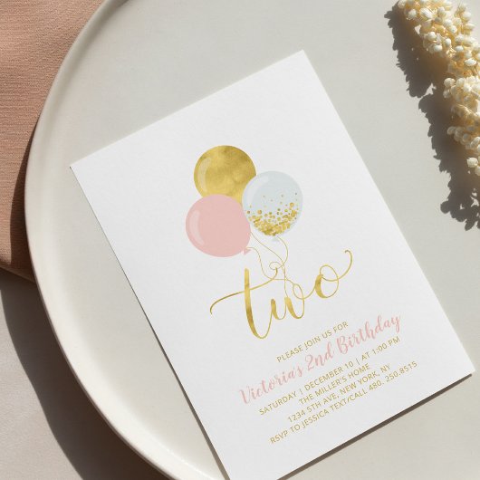 Rosa und Gold | Mädchen 2. Geburtstag Party Einladung