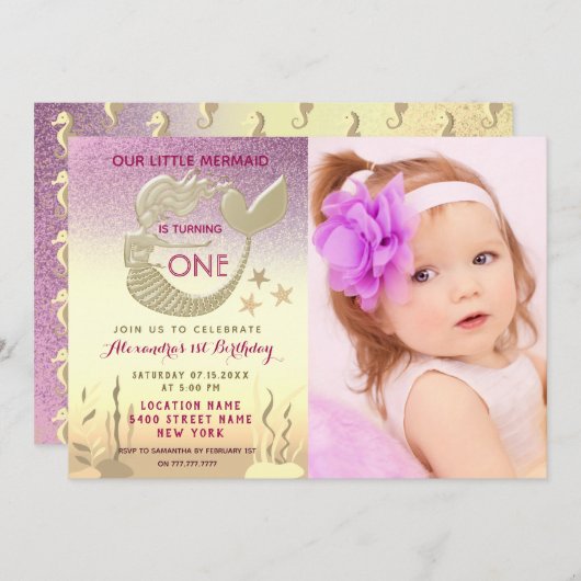 Rosa und Gold Meerjungfrau 1. Geburtstag Einladung (Vorne/Hinten)