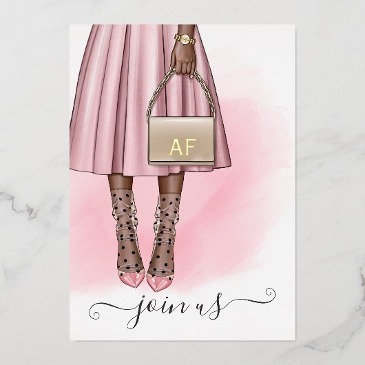 Rosa und Gold Monogram Chic Quinceañera Foil Invit Folieneinladung (Vorderseite)