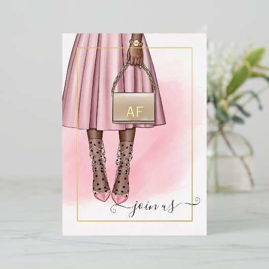 Rosa und Gold Monogram Chic Quinceañera Folieneinladung (Stehend vorne)