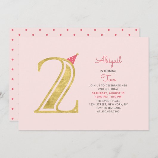 Rosa und Gold | Niedlich Modernes Mädchen 2. Gebur Einladung (Vorne/Hinten)