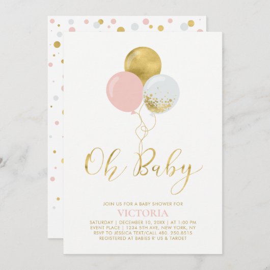 Rosa und Gold | Oh Baby Girl Baby Dusche Einladung (Vorne/Hinten)