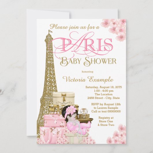 Rosa und Gold Paris Baby Dusche Einladungen (Vorderseite)