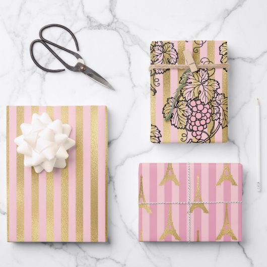 Rosa und Gold - Paris Geschenkpapier Set (Vorderseite)