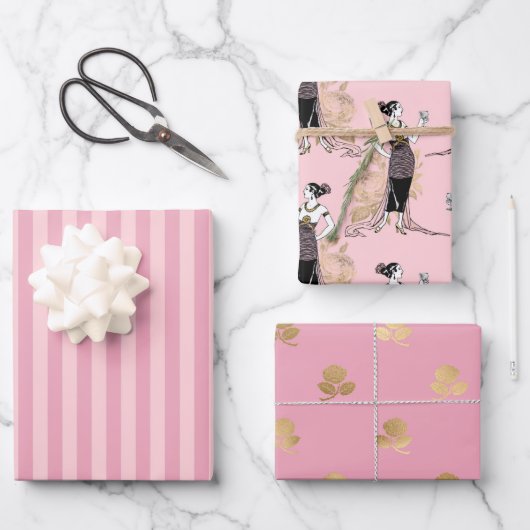 Rosa und Gold - Paris Geschenkpapier Set (Vorderseite)