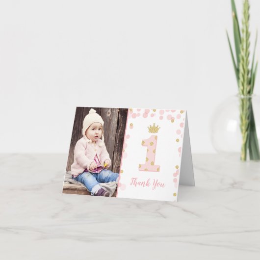 Rosa und Gold Prinzessin 1. Geburtstag Dankeschön Dankeskarte (Vorderseite)