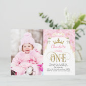 Rosa und Gold Prinzessin 1. Geburtstag Einladung (Stehend Vorderseite)