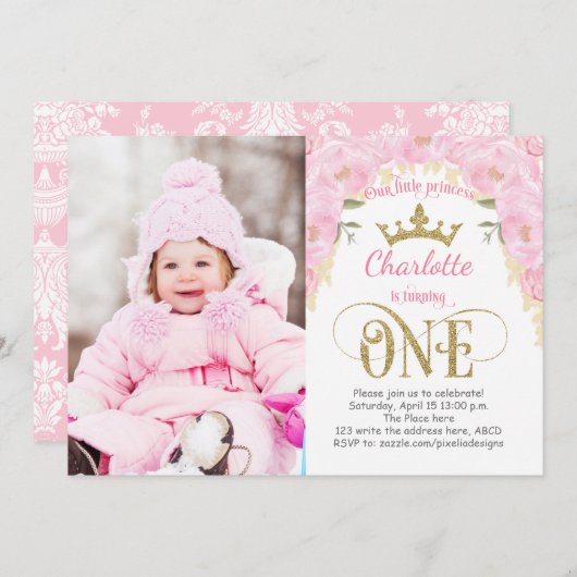Rosa und Gold Prinzessin 1. Geburtstag Einladung (Vorne/Hinten)