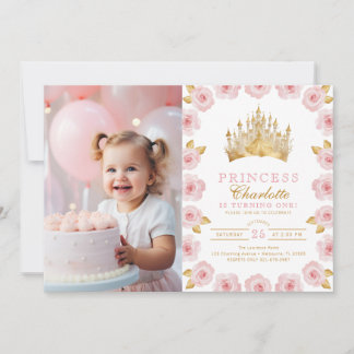 Rosa und Gold Prinzessin 1. Geburtstags-Foto Einladung