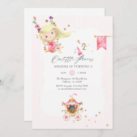 Rosa und Gold Prinzessin 2. Party Einladung (Vorne/Hinten)