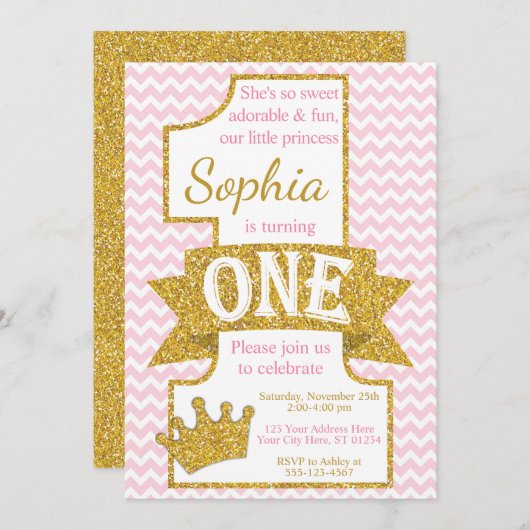 Rosa und Gold Prinzessin-First Birthday Invitation Einladung (Vorne/Hinten)