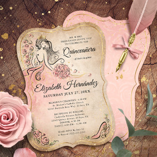 Rosa und Gold Prinzessin Quinceanera Geburtstag Einladung