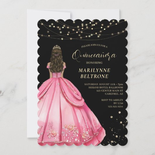 Rosa und Gold Prinzessin Quinceñera Einladung (Vorderseite)