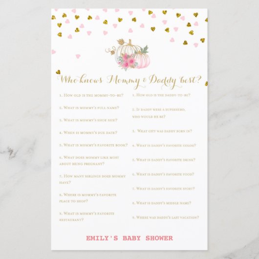 Rosa und Gold Pumpkin Baby Duschgame (Vorderseite)