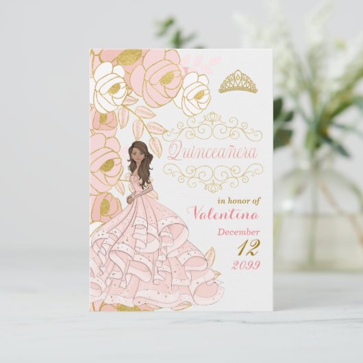 Rosa und Gold Quinceanera Kein Foto Save The Date (Stehend Vorderseite)
