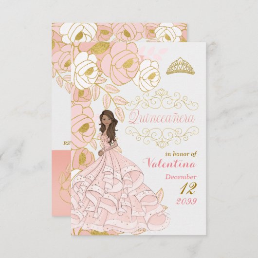 Rosa und Gold Quinceanera Kein Foto Save The Date (Vorne/Hinten)