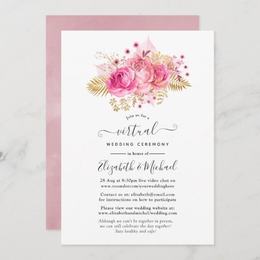 Rosa und Gold Rose Online Virtual Wedding Einladung (Vorne/Hinten)