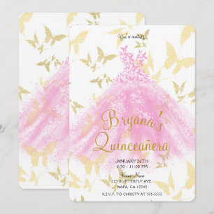Rosa und Gold Schmetterling Dress Quinceañera Einladung