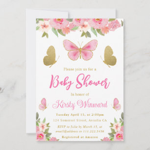 Rosa und Gold Schmetterling Florales Mädchen Baby  Einladung