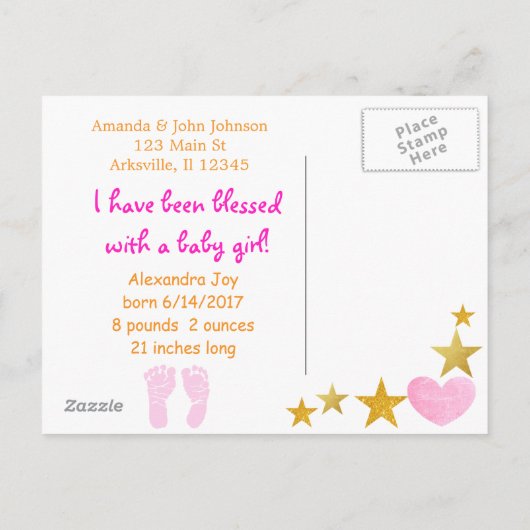 Rosa und Gold "She's Here" Ankündigung (Rückseite)