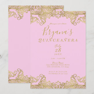 Rosa und Gold Shine Lace Elegantes Quinceñera Einladung