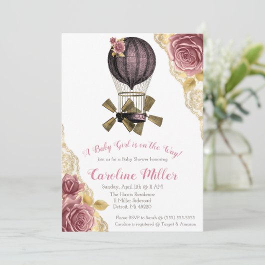 Rosa und Gold Steampunk Heißluftballondusche Einladung (Stehend Vorderseite)