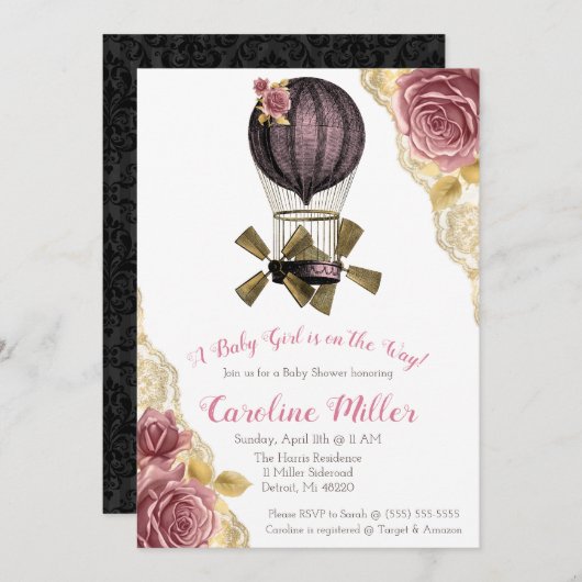 Rosa und Gold Steampunk Heißluftballondusche Einladung (Vorne/Hinten)