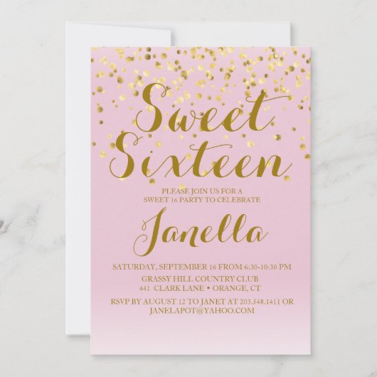 Rosa und Gold Sweet 16 Einladung (Vorderseite)