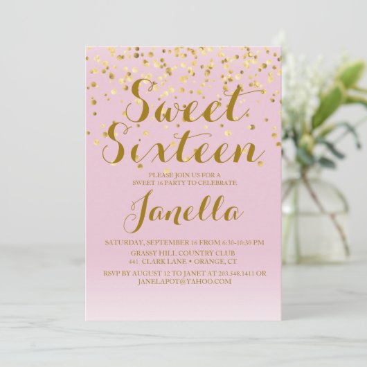 Rosa und Gold Sweet 16 Einladung (Stehend Vorderseite)