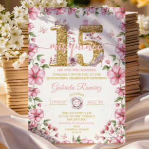 Rosa und Gold Tiara Mis Quince Quinceañera Einladung