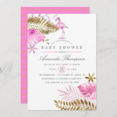 Rosa und Gold tropische Flamingo Girl Babydusche Einladung (Vorne/Hinten)