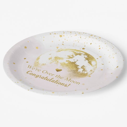 Rosa und Gold über der Mond Babydusche Pappteller (Schrägansicht)