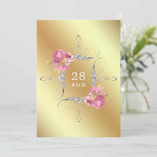 Rosa und Gold und Silberblumen Diamant Wedding SA Save The Date (Stehend Vorderseite)