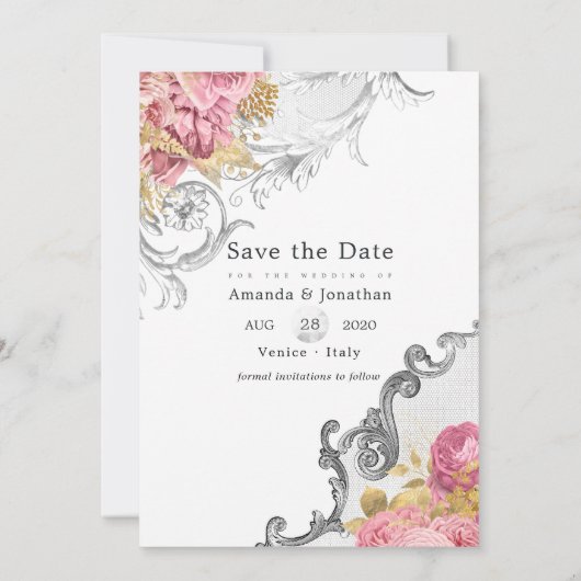 Rosa und Gold und Silberblumen Diamant Wedding SA Save The Date (Rückseite)