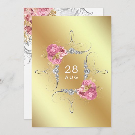 Rosa und Gold und Silberblumen Diamant Wedding SA Save The Date (Vorne/Hinten)