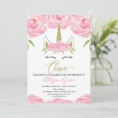 Rosa und Gold Unicorn 1. Geburtstagsmädchen Einladung (Stehend Vorderseite)